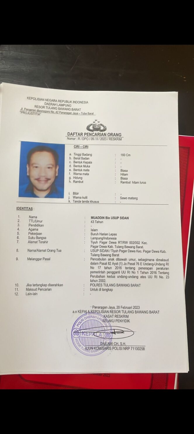 
Perbuatan Cabul ABG di Tulang Bawang Barat Ditetapkan DPO