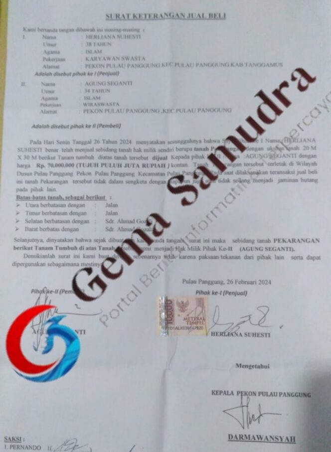 
Diduga Pungli, Pembuatan Surat Keterangan Jual Beli Tanah Diminta Kadus Pulau Panggung Biaya 500 Ribu