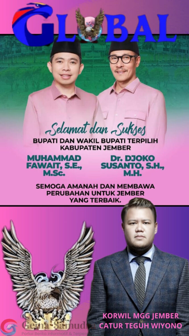 
Ucapan Selamat Korwil MGG Jember Catur Teguh Wiyono Atas Pasangan Gus Fawait Djoko Susanto Pemenang Pilkada Jember 2024