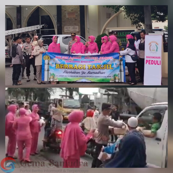 Polsek Ajung Bersama Ibu Bhayangkari Ranting Ajung Membagikan Takjil di Bulan Ramadhan.