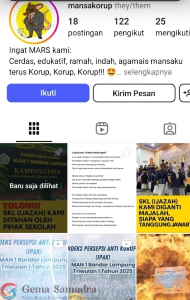 
Akun Anomin Sebar Informasi Hoaks Tentang MAN 1 Bandar Lampung di IG, Cyber Crime Polda Lampung Diminta Tangan