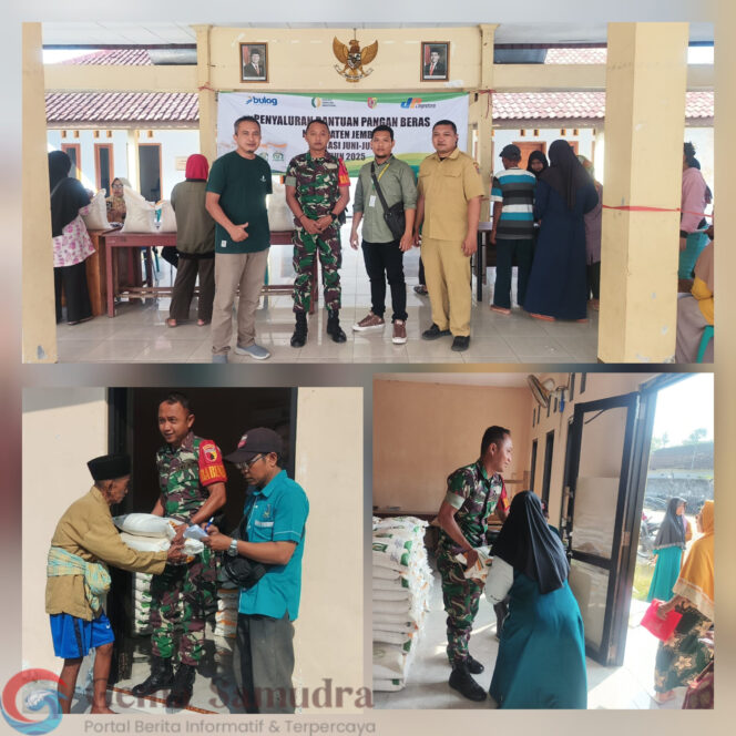 Kopda Aditya Babinsa Sukamakmur Kawal Penyaluran 2.128 Kg Beras Bantuan di Desa Sukamakmur.