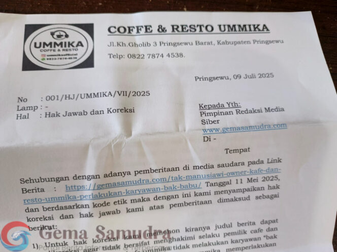 
HAK JAWAB COFFE & RESTO UMMIKA SOAL PEMBERITAAN DI MEDIA GEMASAMUDERA