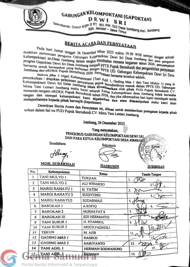 
PUPUK BERSUBSIDI DISANDERA! Surat Gapoktan Dewi Sri Diduga Jadi Alat Tekanan, Petani dan Kios Desa Jombang Terancam Jadi Korban