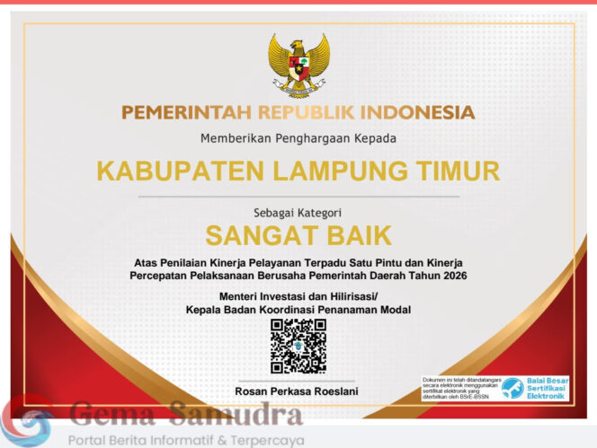 
Dukung Kemudahan Berusaha, DPMPTSP Lamtim Raih Predikat Sangat Baik Tingkat Nasional